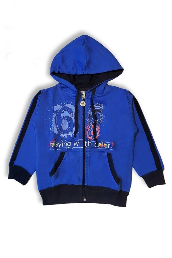 Erkek Çocuk Saks Mavisi Kapşonlu Fermuarlı Eşofman Takımı
