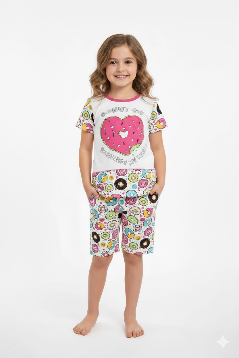 Kız Çocuk Donut Desenli Renkli Pijama Takımı