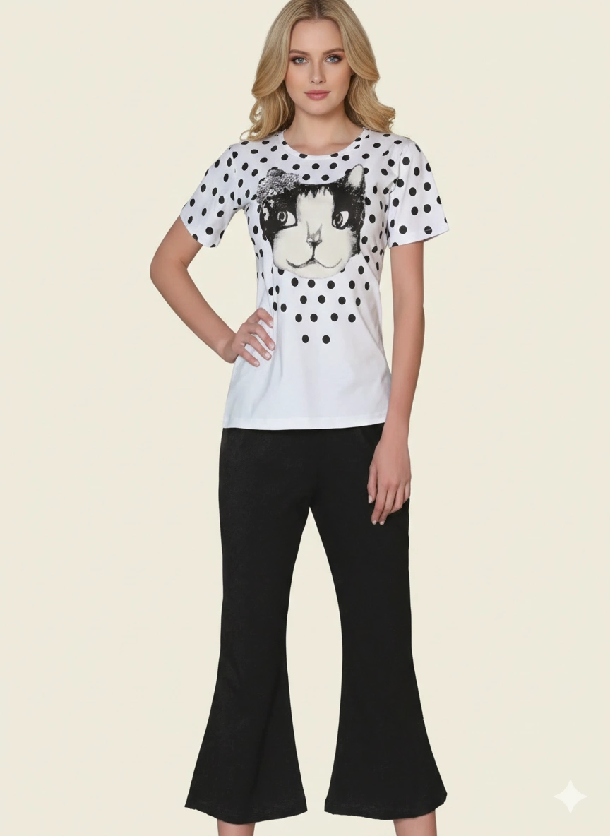 Berrak Kedi Baskılı Bayan Kaprili Takım 2465