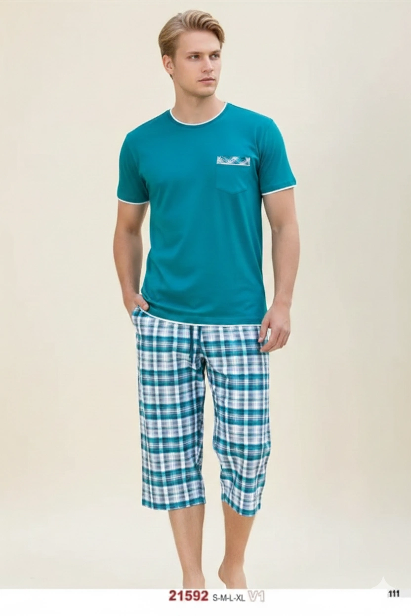 Yazlık Ekose Desenli Kapri Pijama Takımı 21592