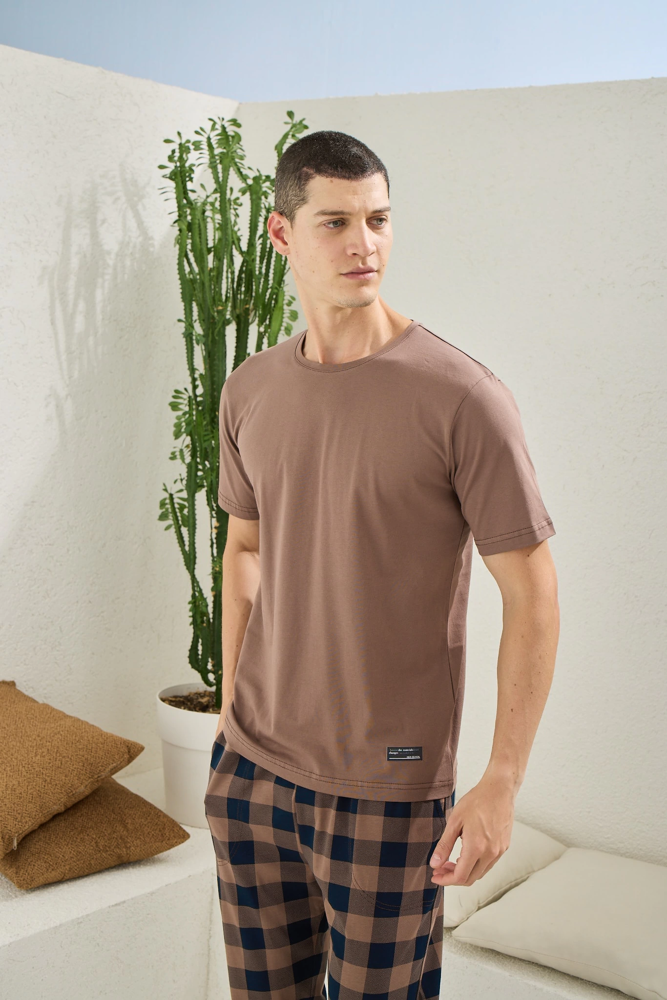 KLY Kısa Kollu Altı Kareli Capucina Rengi Yazlık Erkek Pijama Takımı