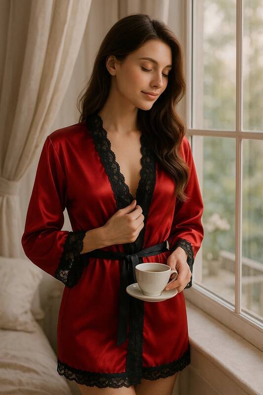 Venlisa Saten ve Dantel Detaylı Sabahlık Takımı V2600