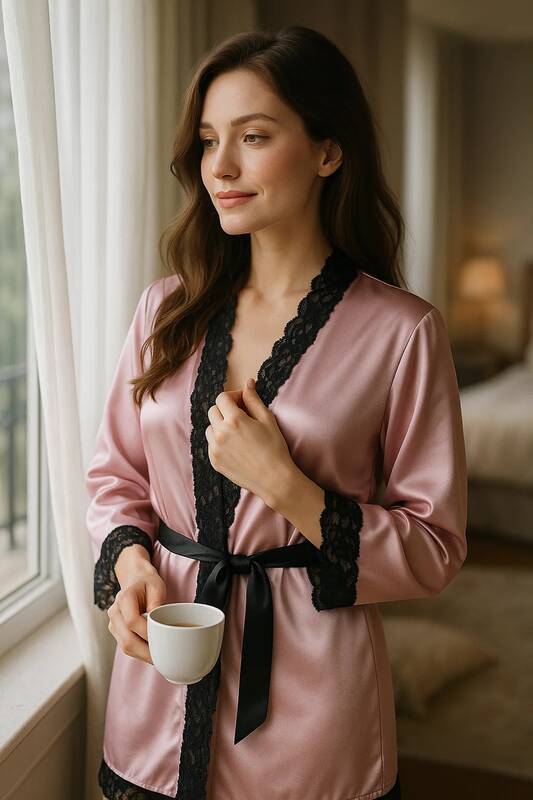 Venlisa Saten ve Dantel Detaylı Sabahlık Takımı V2600